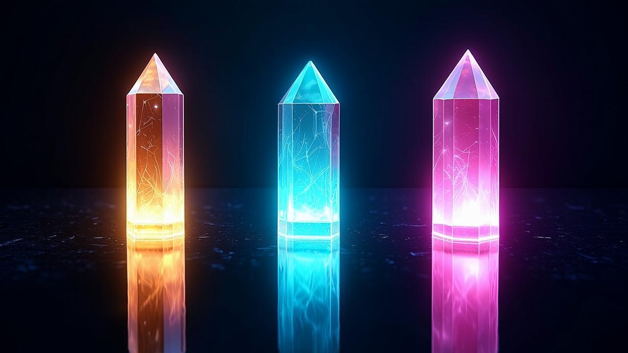 Three crystalline pillars of different heights ris