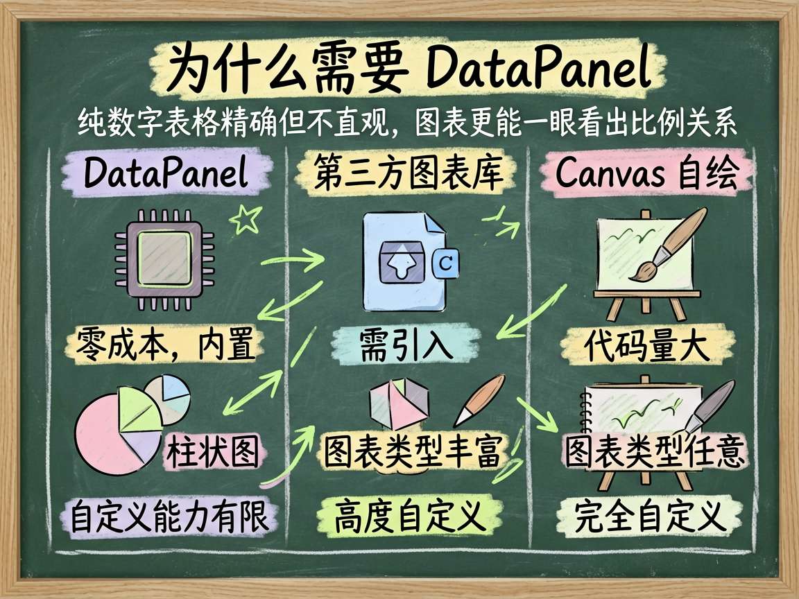 一张手绘比较表风格的信息图，主题是“为什么需要 DataPanel”。画面用三栏对比：左栏“Data