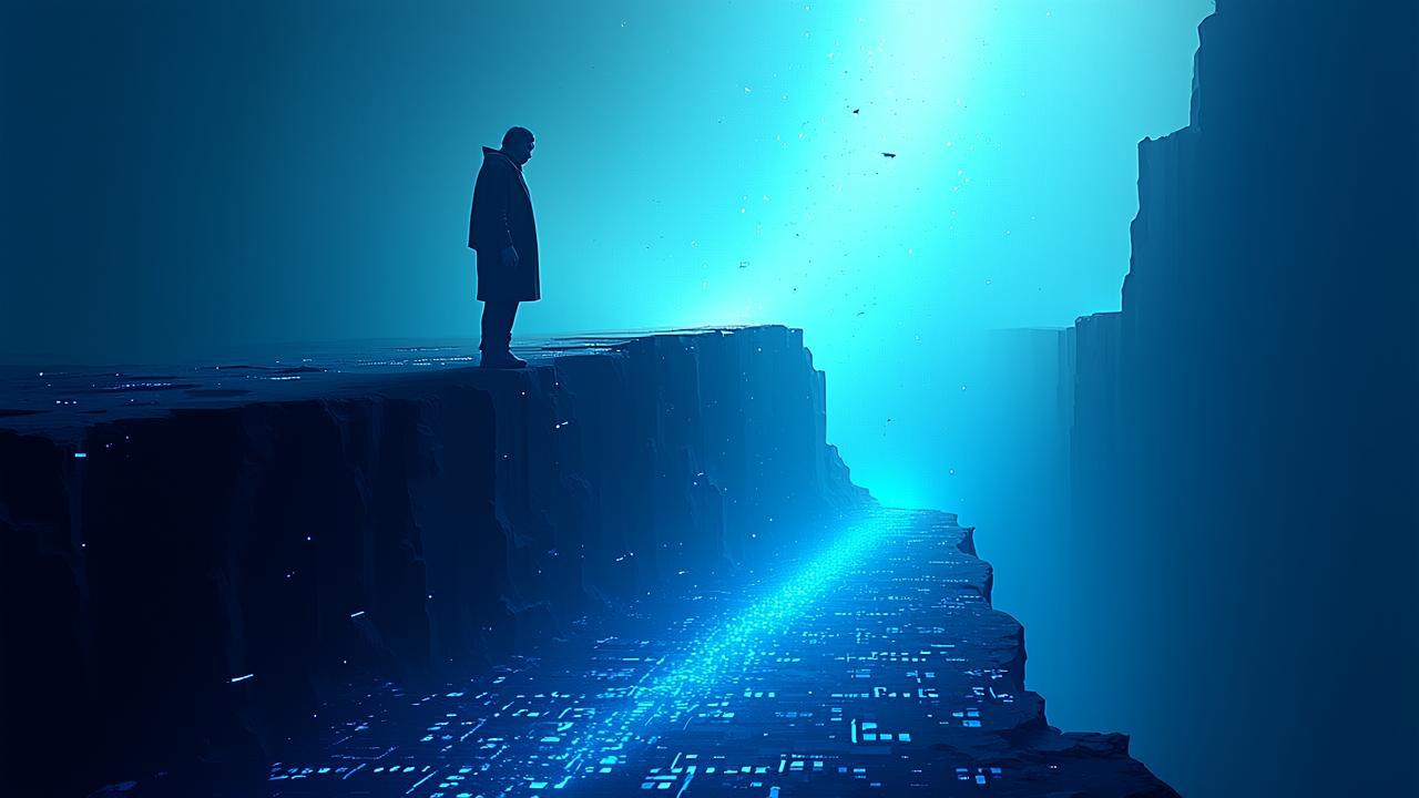 A solitary figure standing at the edge of a lumino