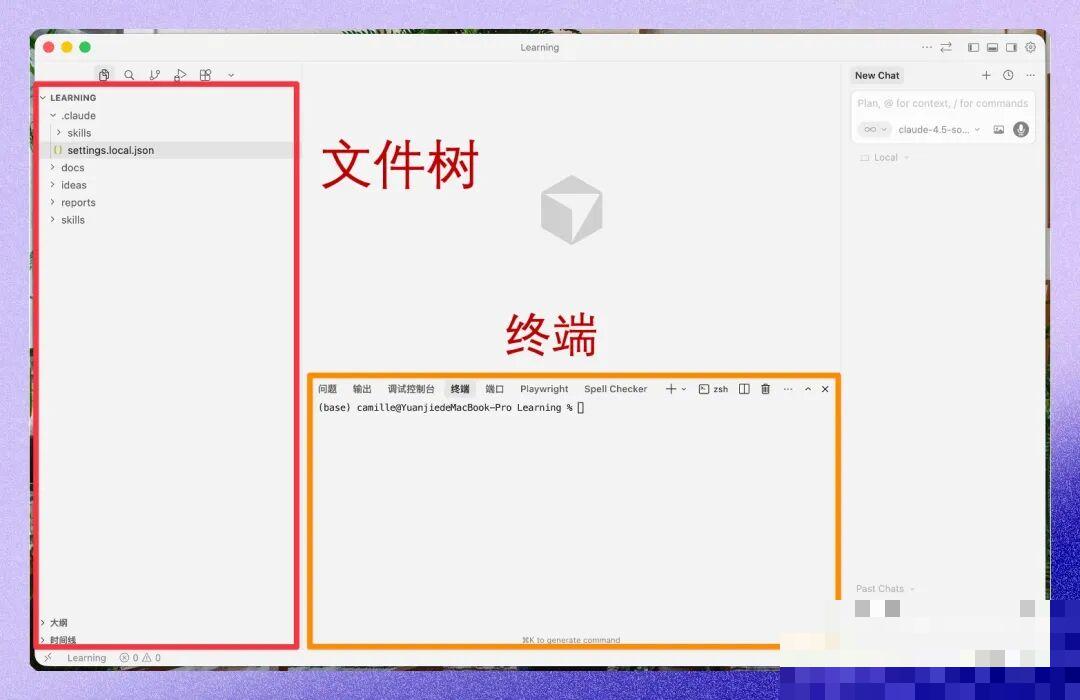 Cursor 编辑器界面截图，展示代码编辑区 + AI 对话侧边栏 + Agent 模式按钮