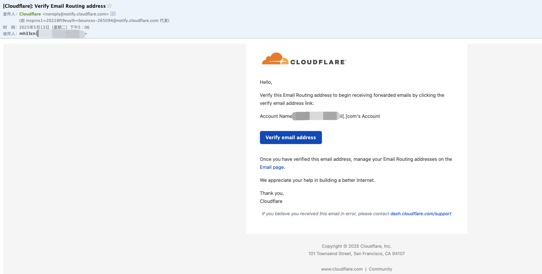 接收到cloudflare验证邮件
