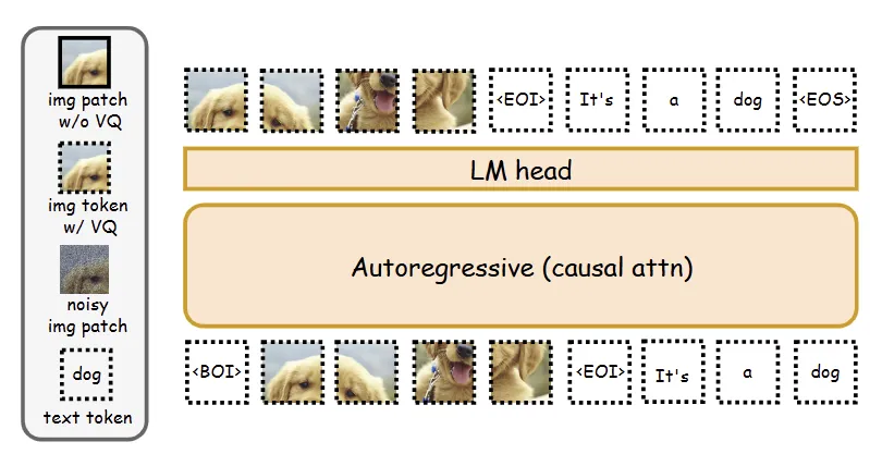 图1：完全的自回归模型通过 Vector Quantization 将视觉信号转换为 discrete image token，用于 text token 的联合建模，但会导致信息损失