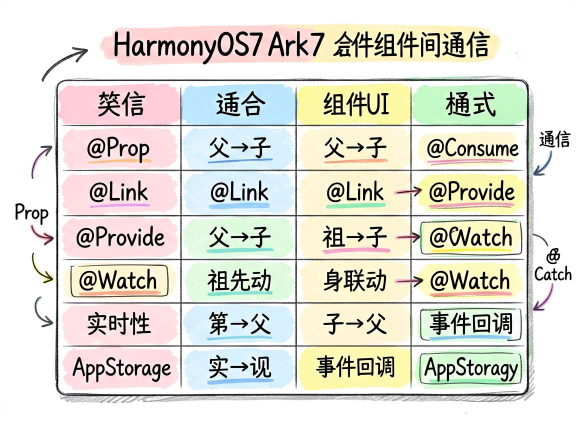 手绘笔记风格的信息对比图,主题是 HarmonyOS7 ArkUI 组件间通信的六种模式对比。画面中