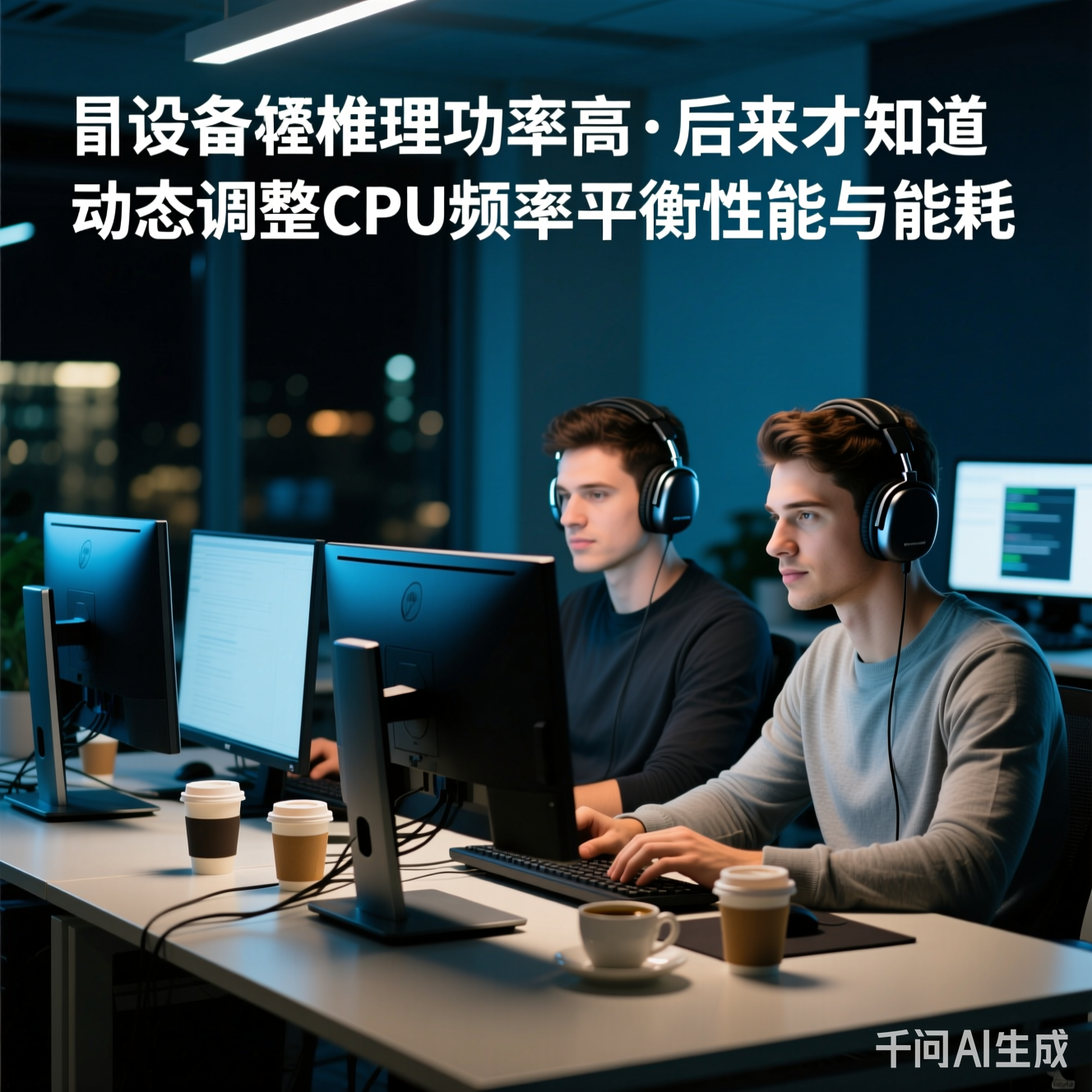 深夜办公室场景：两位程序员戴着降噪耳机，面前摆着三台显示器和散落的咖啡杯
