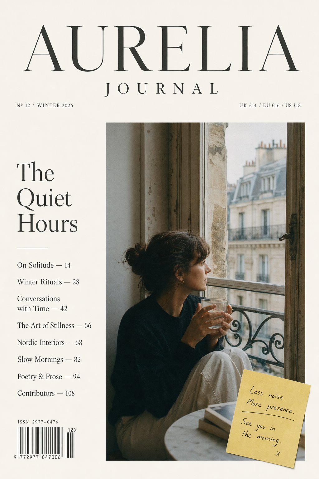 生成独立文化季刊「AURELIA JOURNAL」冬季刊封面。封面大片是一个 30 岁女性坐巴黎老公寓窗边喝温水侧脸望窗外,35mm 胶片质感。排版要齐:刊头 + 期号「Nº 12 / WINTER 2026」+ 价格 + 主标题「The Quiet Hours」+ 8 条栏目索引(带页码)+ 条形码 ISSN + 一张倾斜的黄色手写便签。Kinfolk 调性。