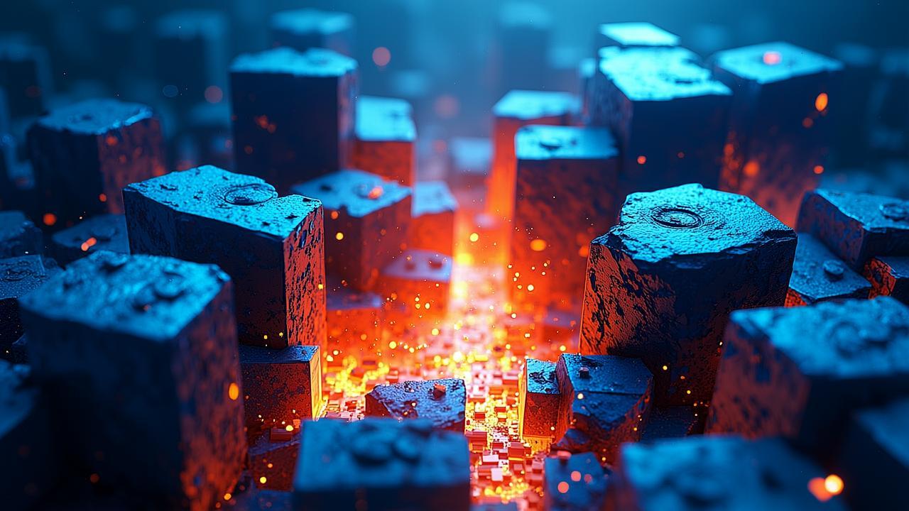A surreal digital landscape where rigid, geometric