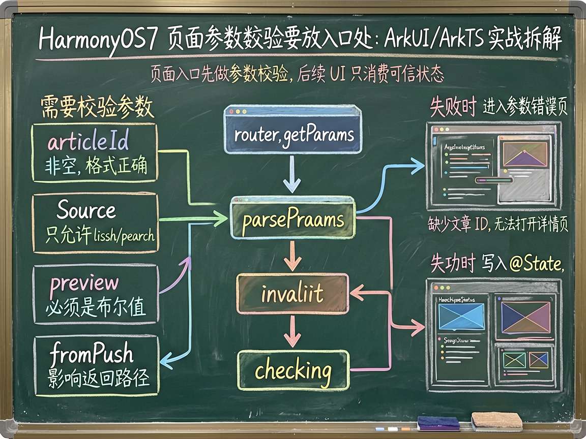 为文章《HarmonyOS7 页面参数校验要放入口处:ArkUI/ArkTS 实战拆解》绘制一张手绘