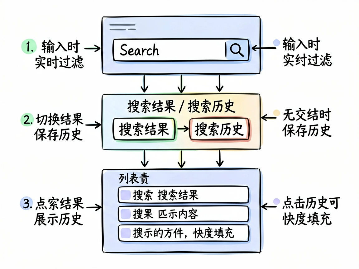 为中文技术教程绘制一张手绘笔记风格的框架图,展示 ArkUI 搜索页面的组件结构。画面以纵向页面布局