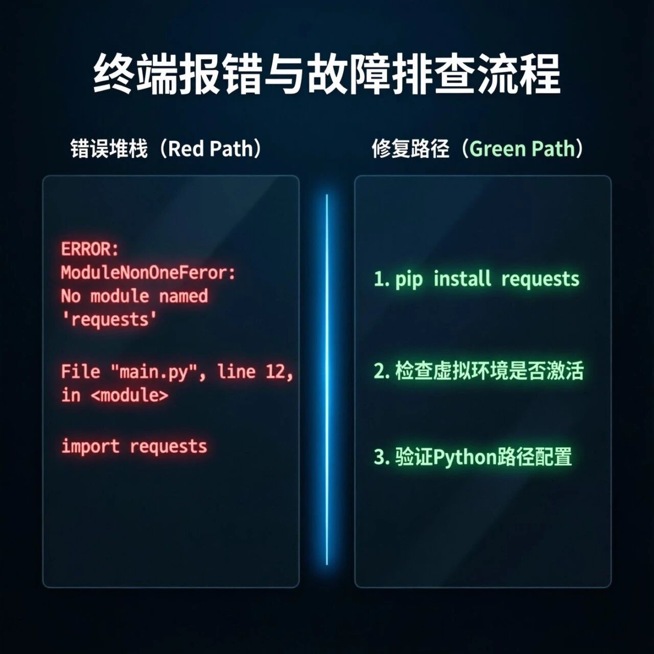 深色终端报错界面与故障排查流程图叠加的插画