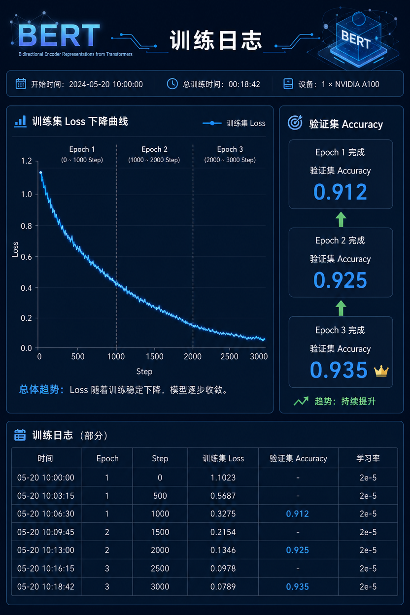 训练日志:3 个 epoch 的 loss 下降 + 验证集 accuracy 爬升到 93%