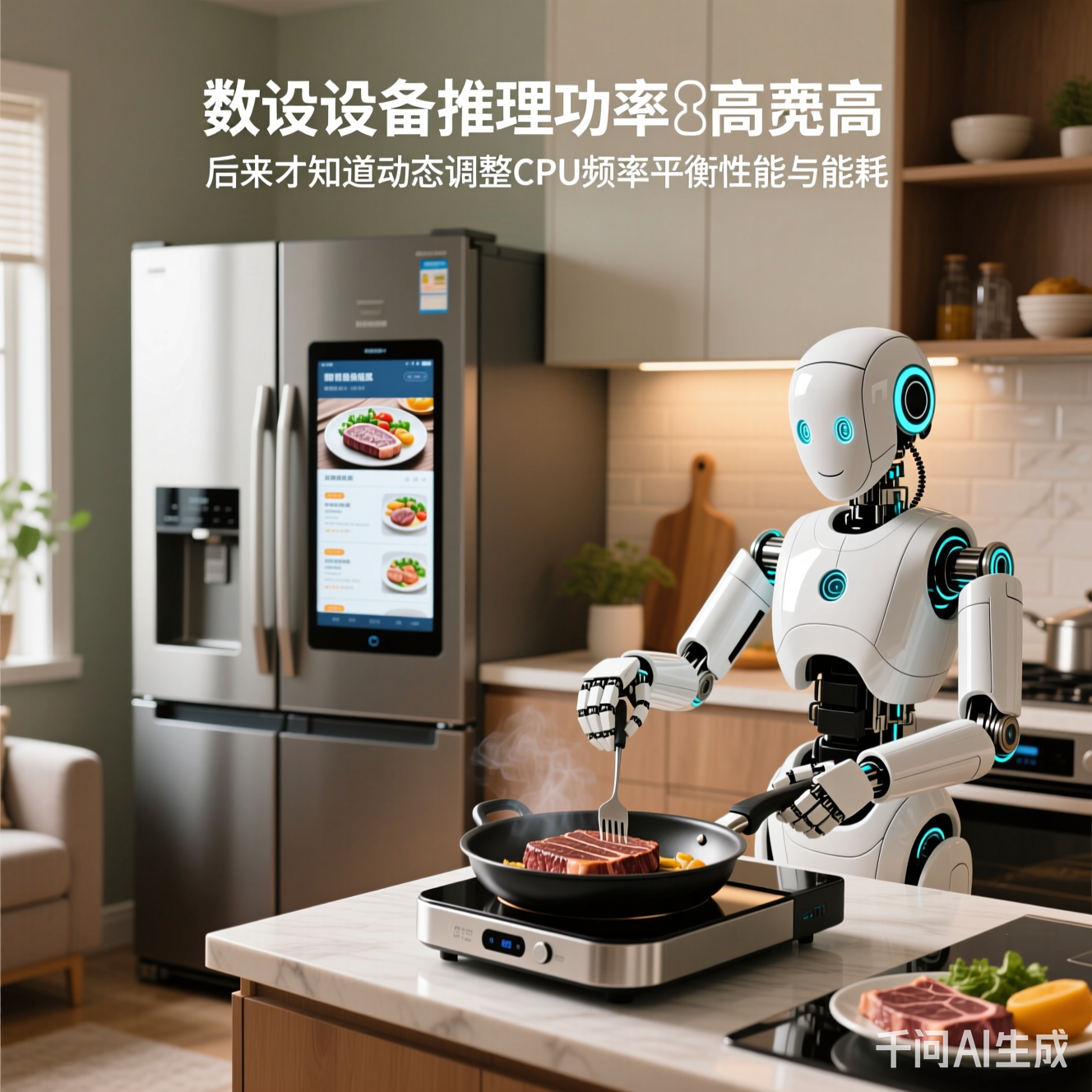 智能家居场景：智能冰箱显示食谱，旁边是正在煎牛排的机器人