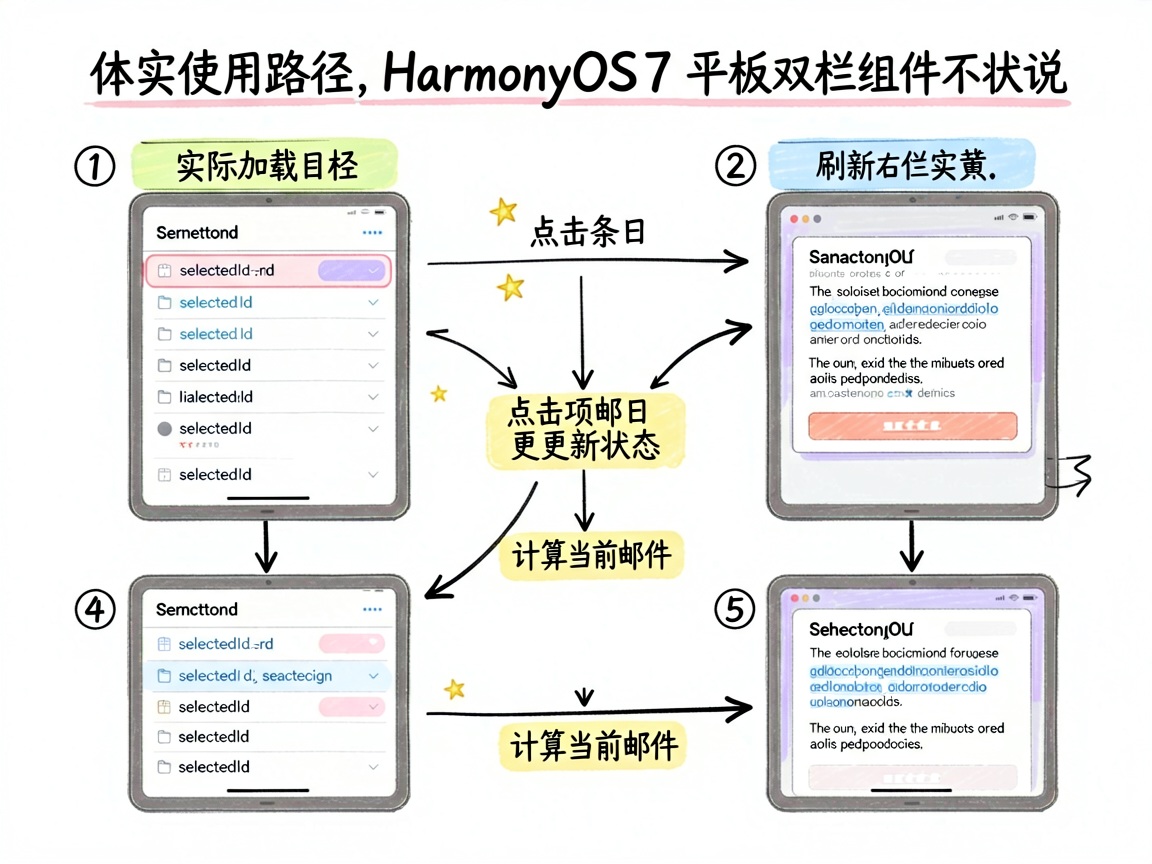 为一篇讲解 HarmonyOS7 平板双栏布局实现流程的文章绘制一张手绘流程图。内容要体现实际使用路