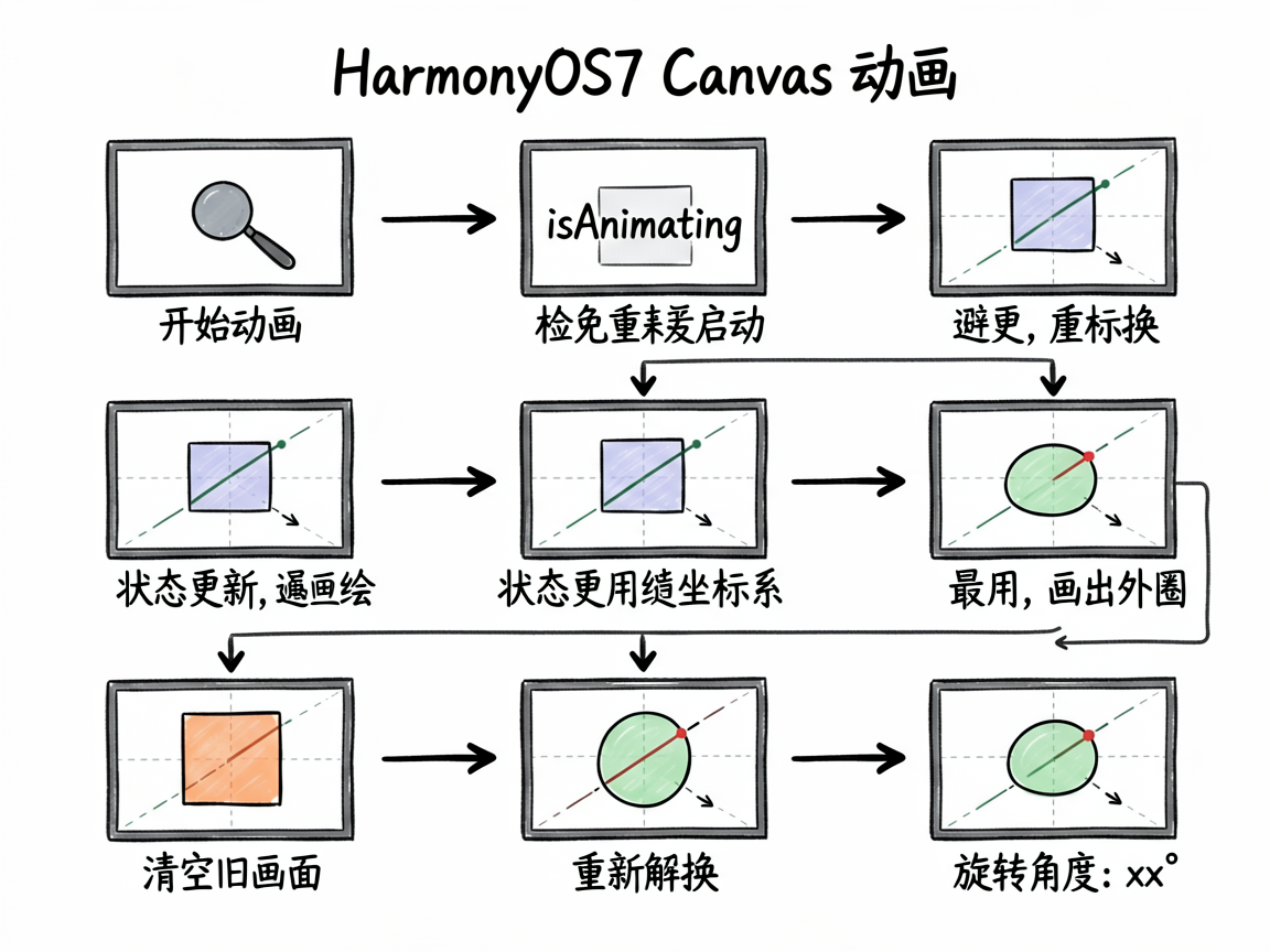为一篇讲解 HarmonyOS7 Canvas 动画的技术教程生成一张手绘流程图,内容必须严格对应代