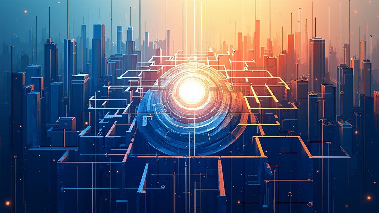 Abstract city and digital maze: deep blue and ambe