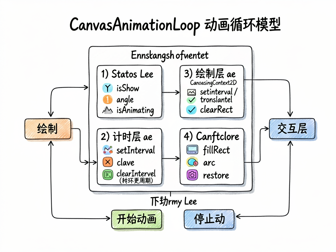 为一篇 HarmonyOS7 ArkUI Canvas 技术文章生成一张手绘框架图,主题是“Canv