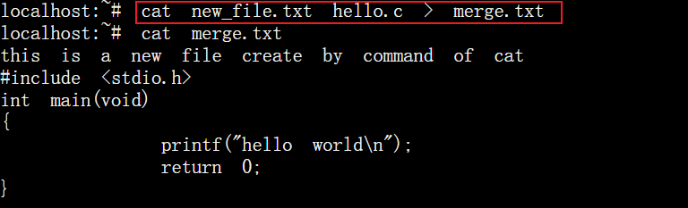 cat file1 file2 > merge_file命令实现file1、file2文件内容逐一输入到merge_file中。可以用来完成多文件合并。