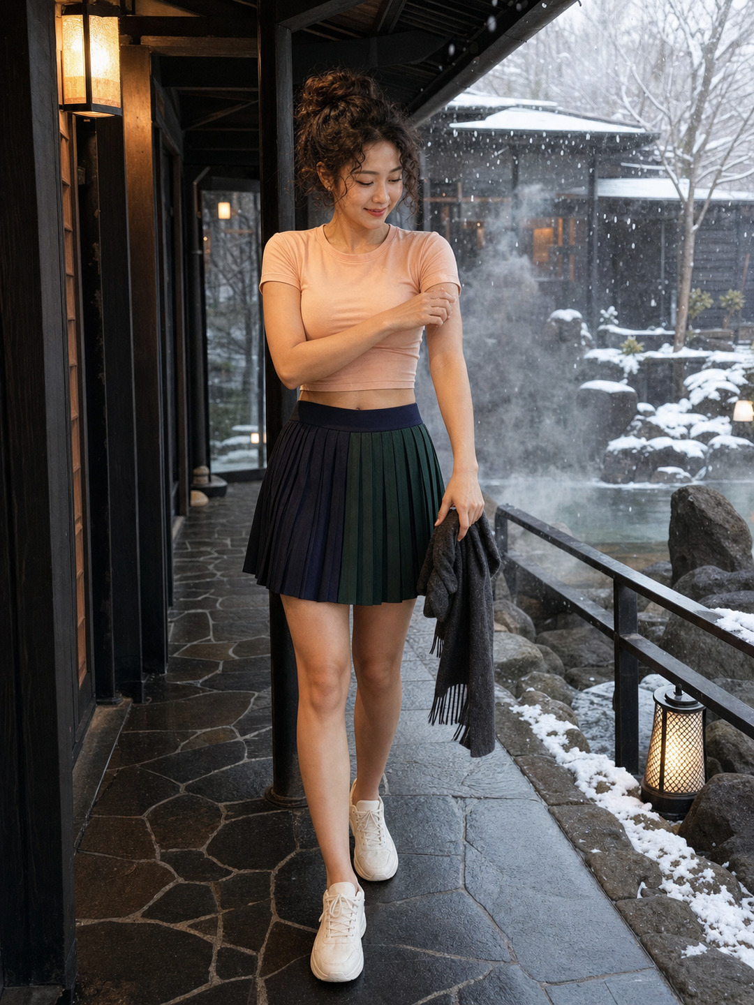 雪国黑木旅店中的亚洲成年女性低腰深色百褶裙时装