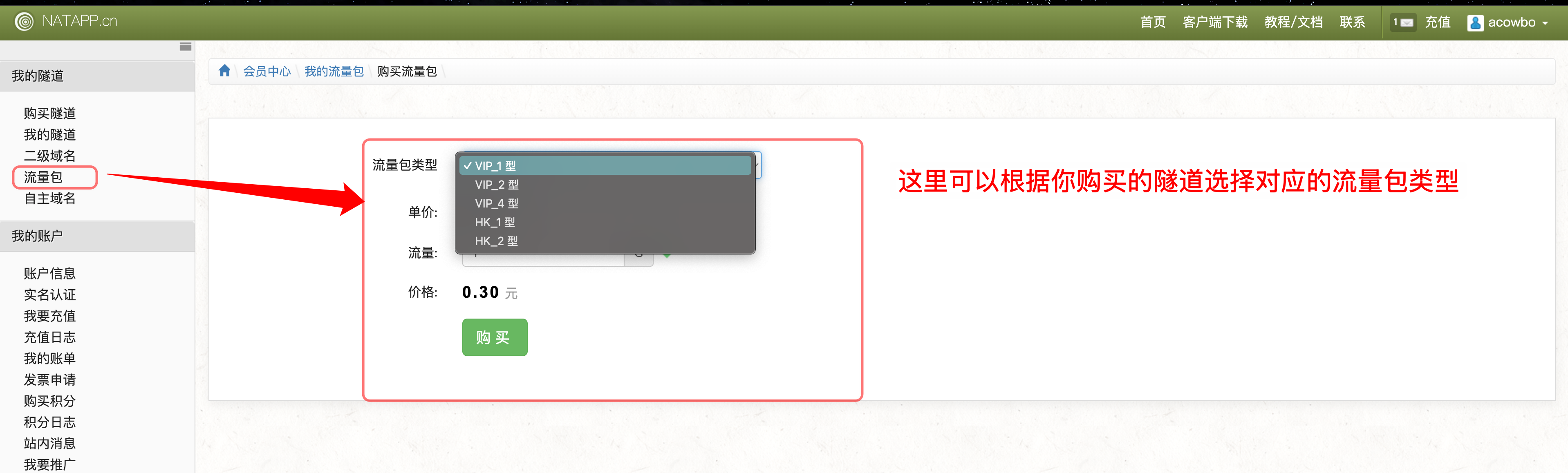 按隧道类型购买流量包