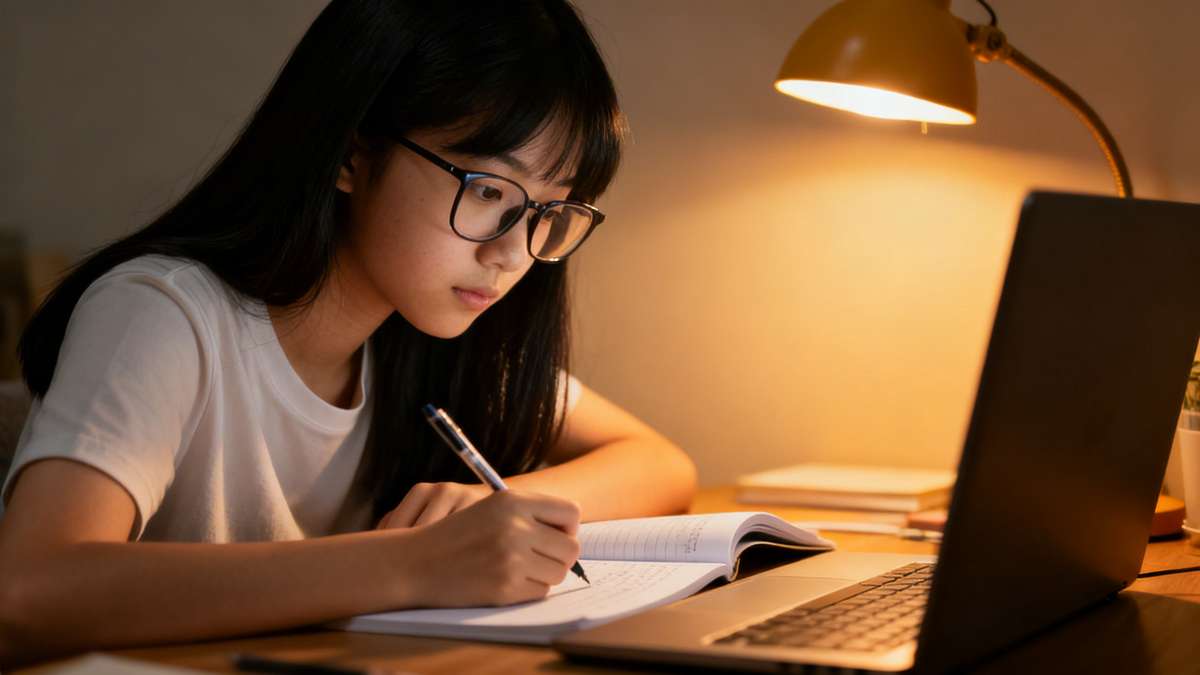 一位坐在电脑前专注看书的亚洲女孩