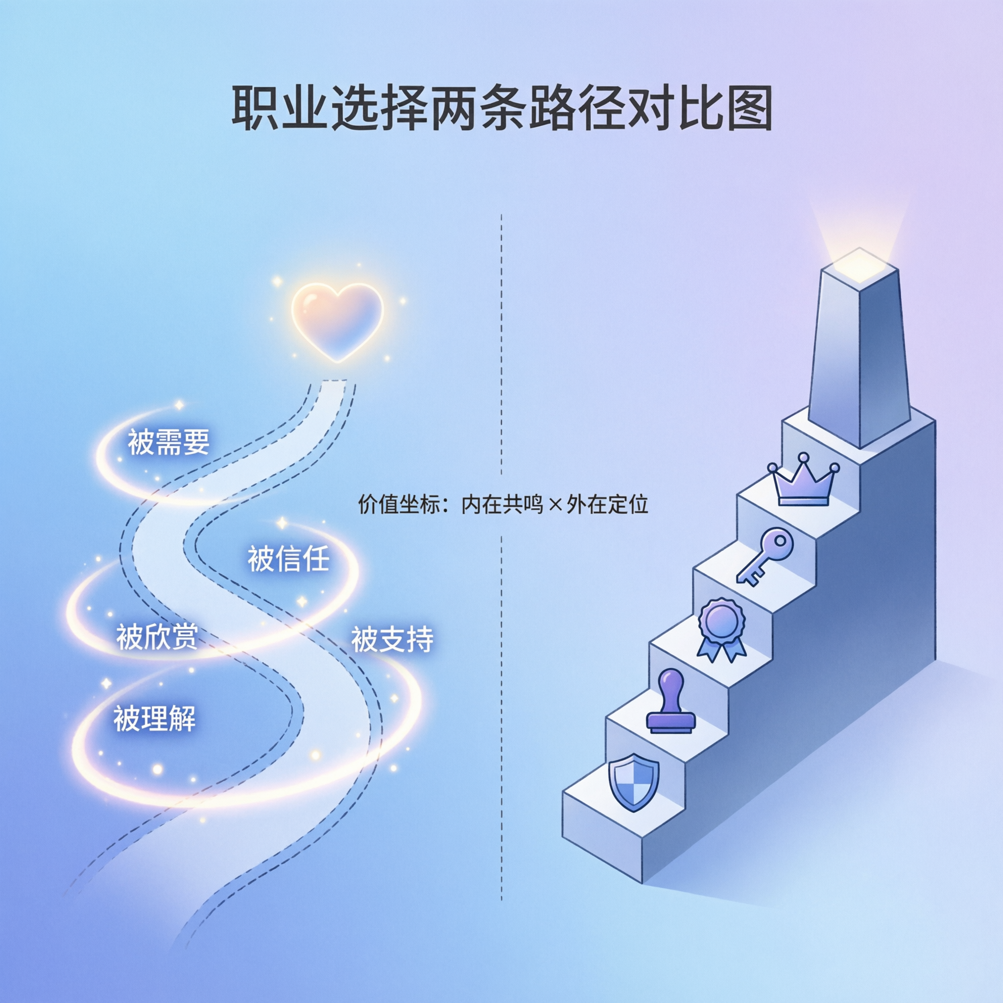 被选中vs被看见的对比图,两条路径,一条通向结构一条通向情感