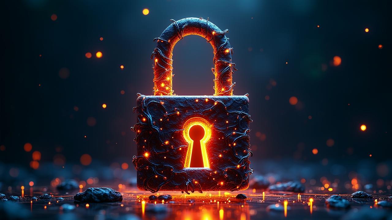 A conceptual artwork of a heavy iron padlock wrapp