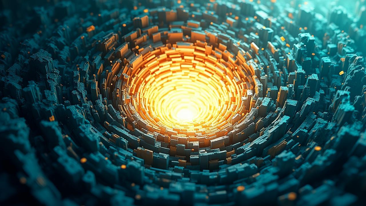 A swirling vortex of fragmented shapes in teal and