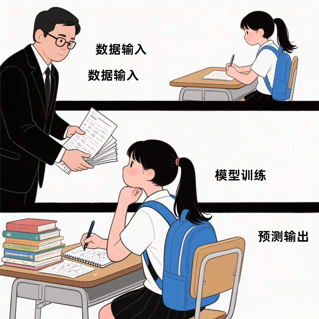 学生备考类比：数据输入→模型训练→预测输出