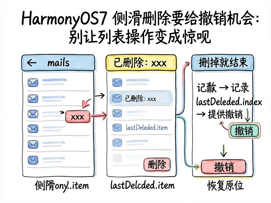 基于文章标题《HarmonyOS7 侧滑删除要给撤销机会：别让列表操作变成惊吓》，绘制一张手绘笔记风
