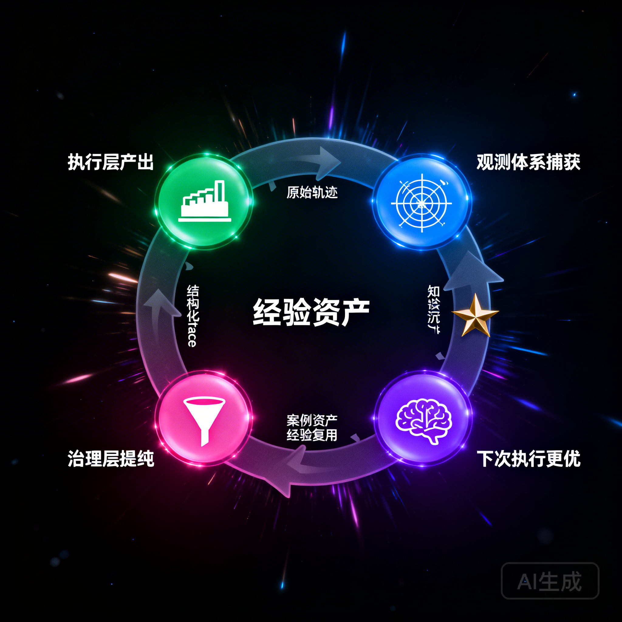 经验沉淀飞轮:执行层产出 → 观测捕获 → 治理提纯 → 知识层沉淀 → 下次执行更优