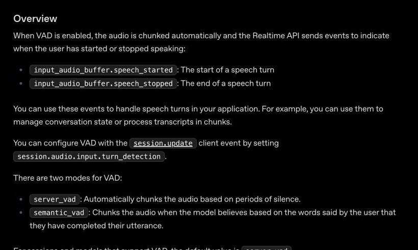OpenAI Realtime VAD 官方文档中的 speech_started 与 speech_stopped 事件