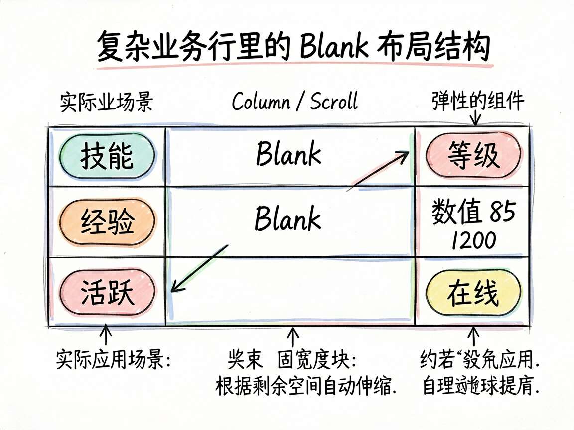 为文章中“实际应用场景”的代码与说明绘制一张手绘框架图,主题是“复杂业务行里的 Blank 布局结构