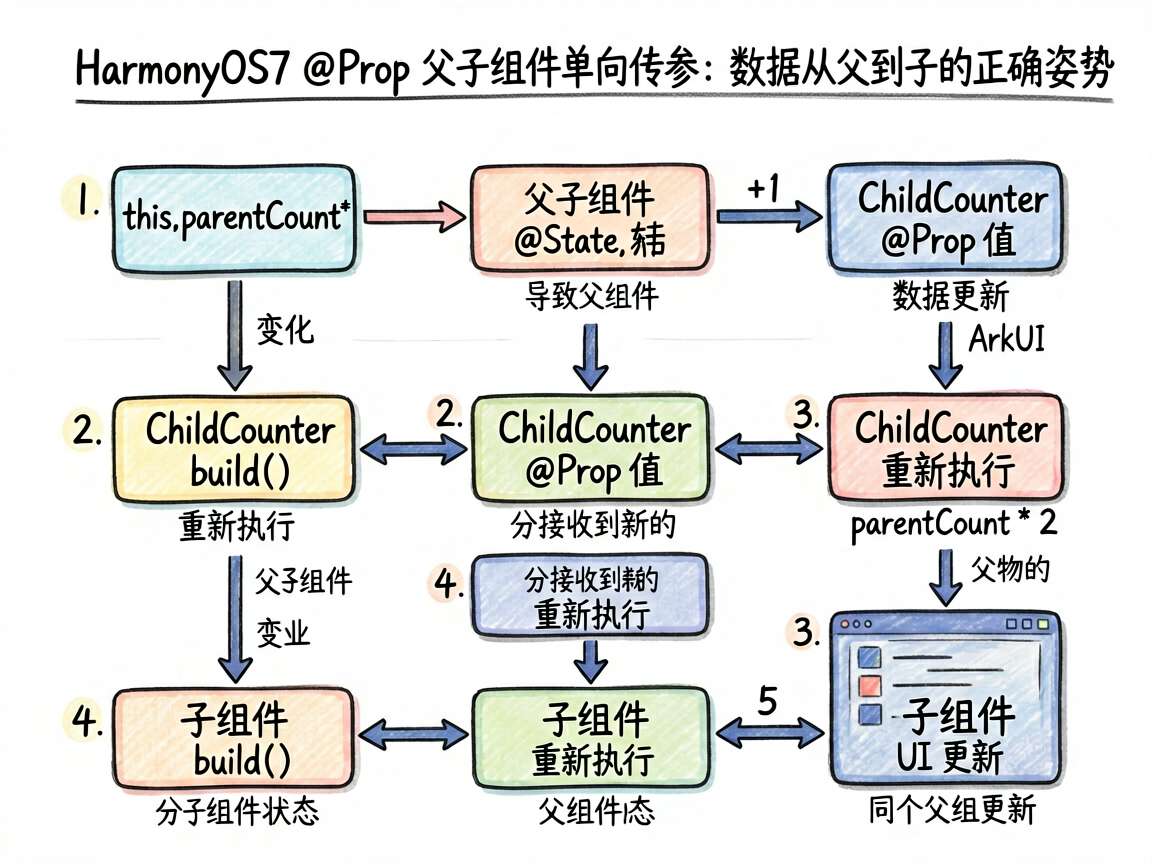基于文章《HarmonyOS7 @Prop 父子组件单向传参:数据从父到子的正确姿势》绘制一张 sk