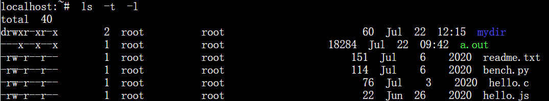 ls -l -t,按照时间排序，并且显示的是长格式。实际上，这也提示我们，可以对ls命令进行组合使用。