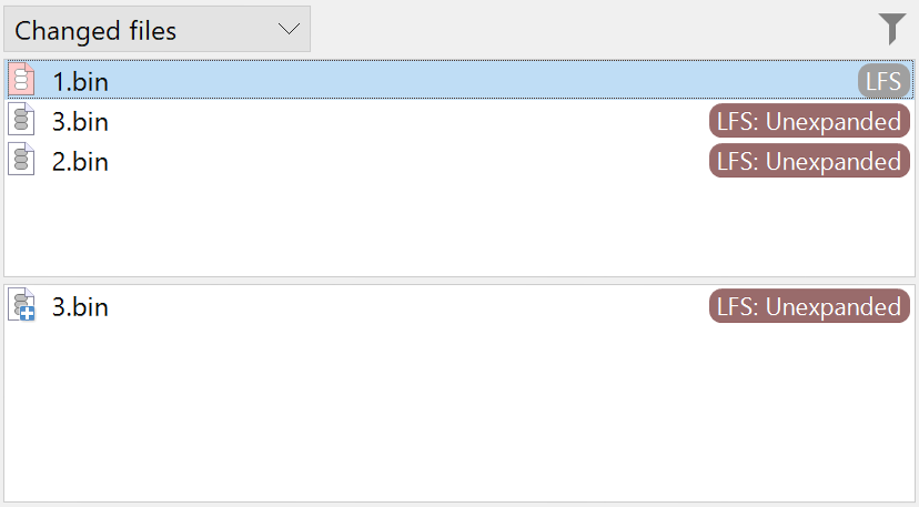 SmartGit 25.1 LFS file status display showing unexpanded pointer files with clear badges