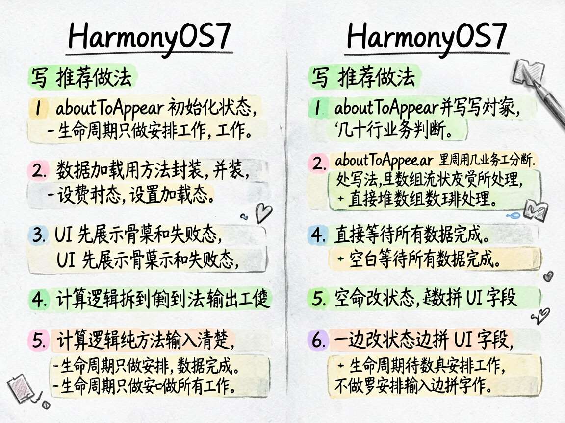 手绘笔记风对比图，主题是 HarmonyOS7 页面生命周期的正确分工与错误写法。左栏写推荐做法：a