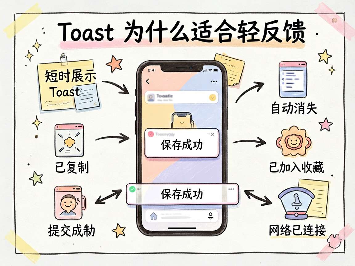 为《HarmonyOS7 轻提示入门：ToastStarterGuide》绘制一张手绘笔记风信息图，