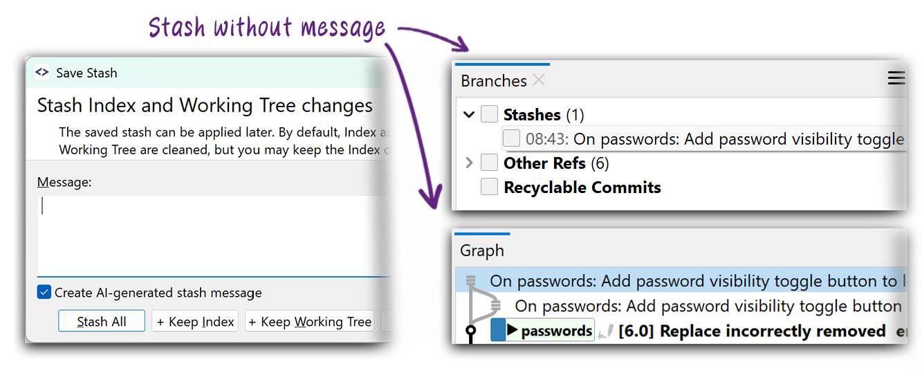 SmartGit 25.1 automatic stash naming with AI-generated descriptions in branches view