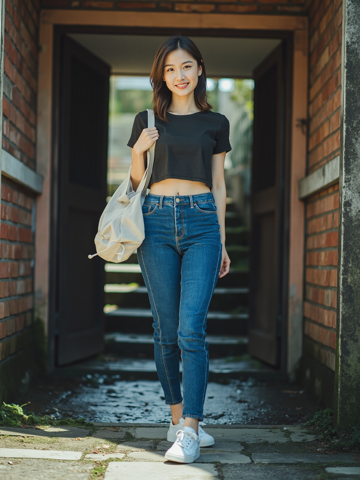 成年亚洲女性在旧石拱门内穿蓝色全长牛仔裤的时装摄影