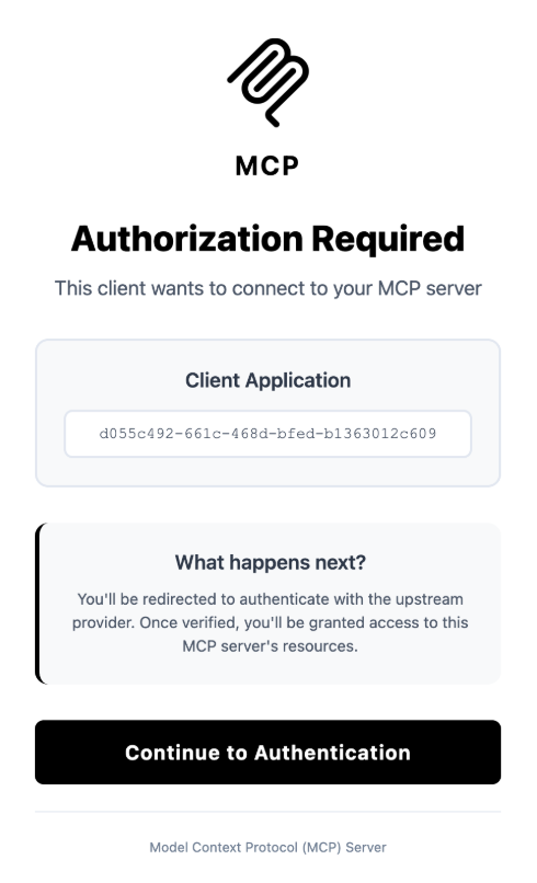 Authentication screen for remote MCP server