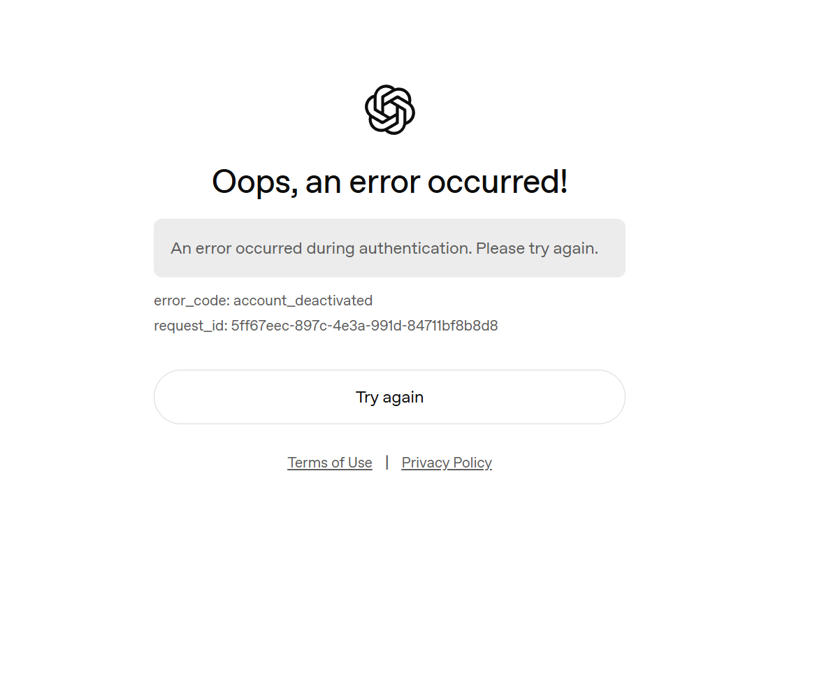ChatGPT 登录时提示 account_deactivated（账户已停用）错误页面截图
