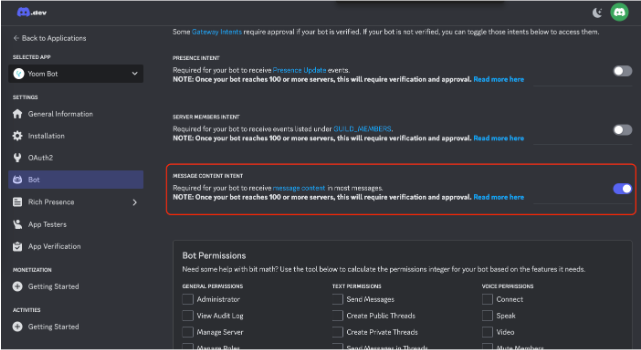 Discord 开启 Message Content Intent 的界面截图