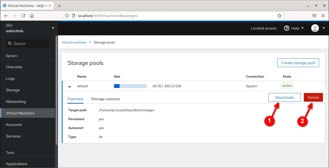 Deactivate and delete default storage pool in Cockpit