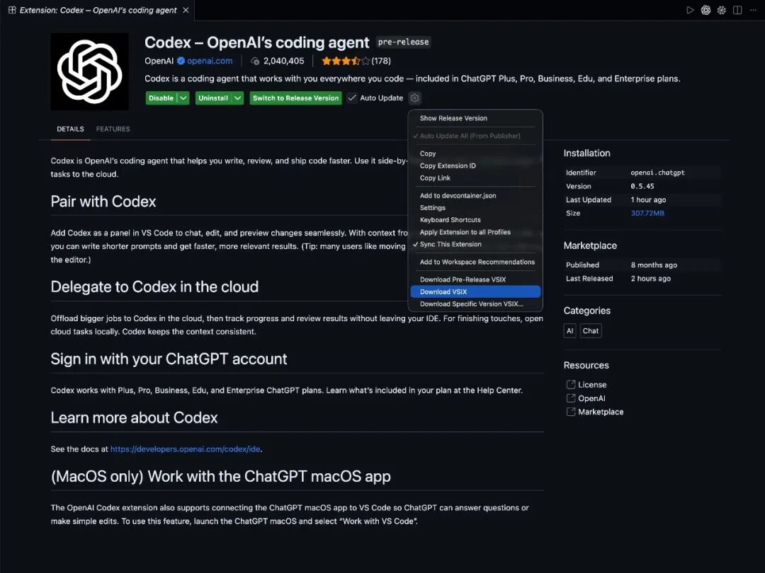 在 VS Code 中导出 Codex Extension