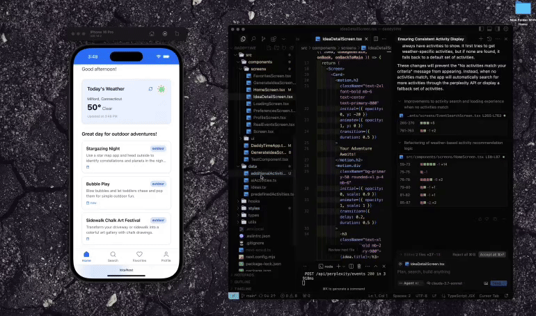动画,左侧显示 iPhone 应用程序,右侧显示编码环境