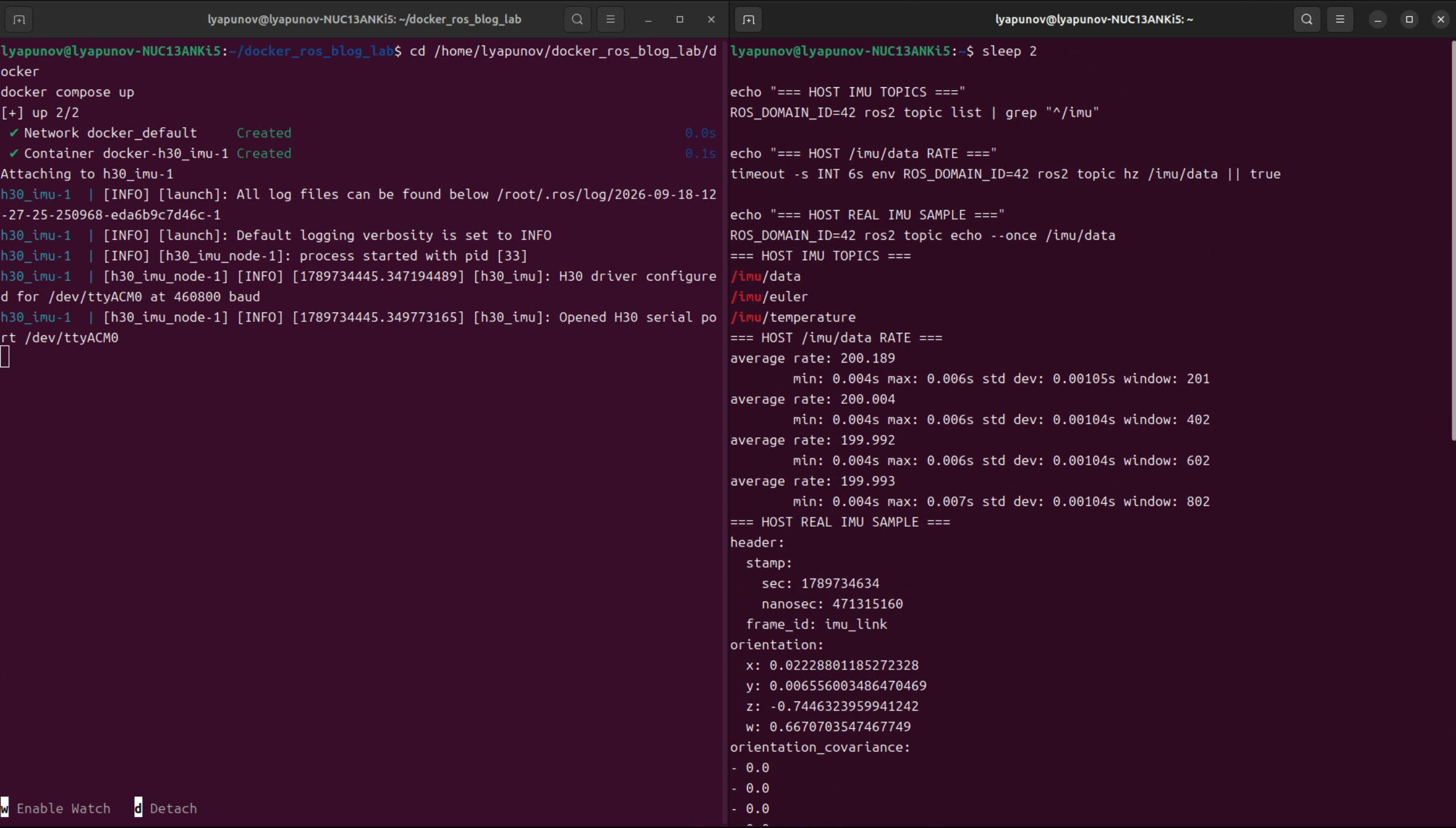 Docker Compose 启动 H30 并由 Host 接收 IMU 数据