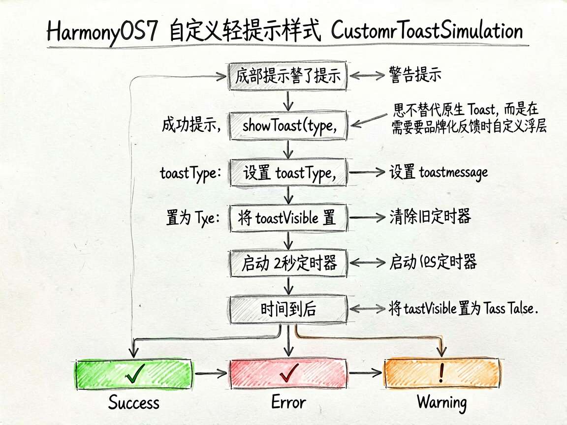 以手绘流程图风格绘制一张页面交互流程图,主题是 HarmonyOS7 自定义轻提示样式 Custom