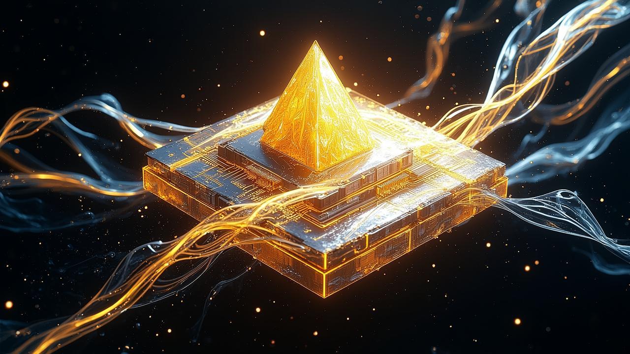 Abstract chip architecture imagery: flowing golden