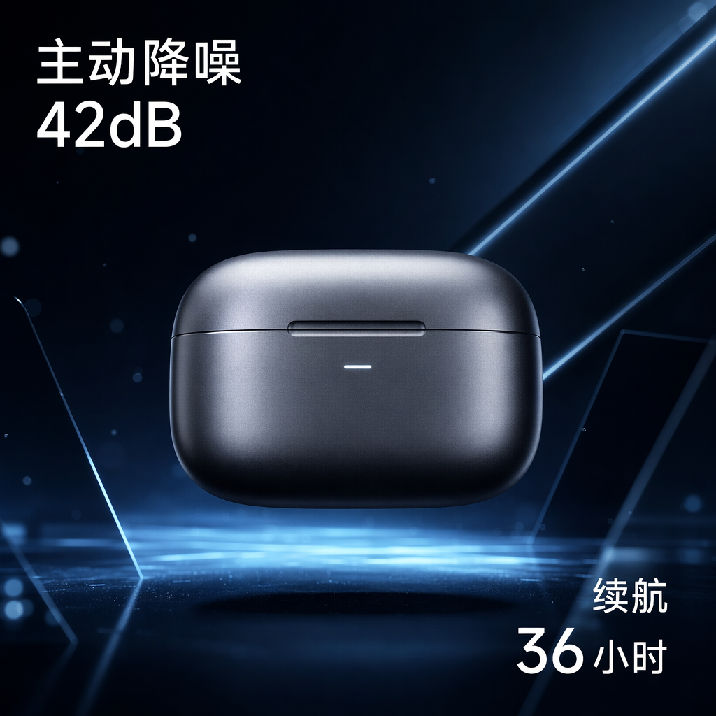 以这张无线耳机充电盒为主体，生成科技感产品主图，1:1，4K。背景：深蓝到黑的渐变，
几何光线与冷调光斑，悬浮微粒。产品居中略悬浮，金属与磨砂质感真实，底部投影自然。
左上角文字"主动降噪 42dB"、右下角"续航 36 小时"（白色无衬线字，清晰可读）。风格冷
峻、高级。