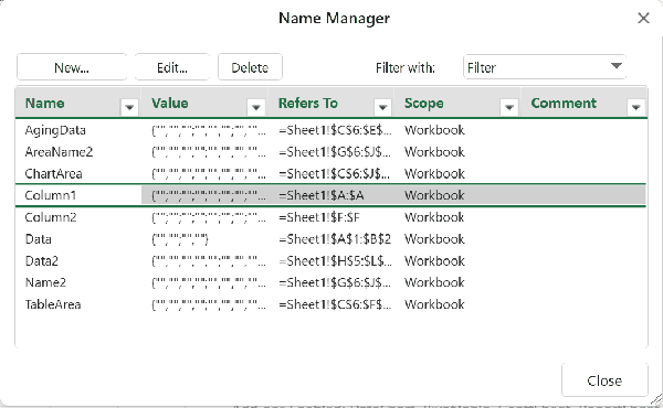 在“名称管理器”对话框中轻松删除一系列名称