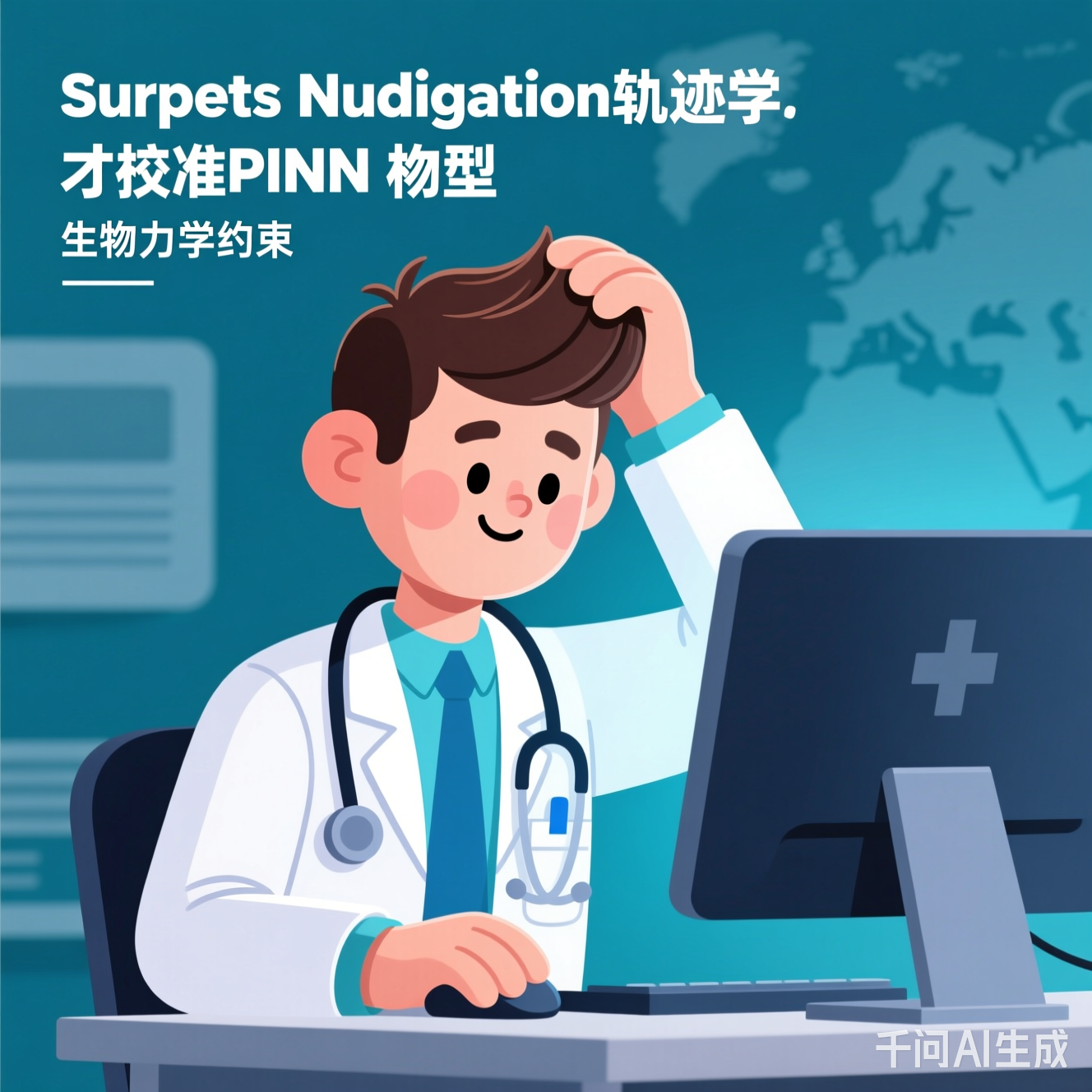 穿着白大褂的医生对着电脑抓头发的卡通插图